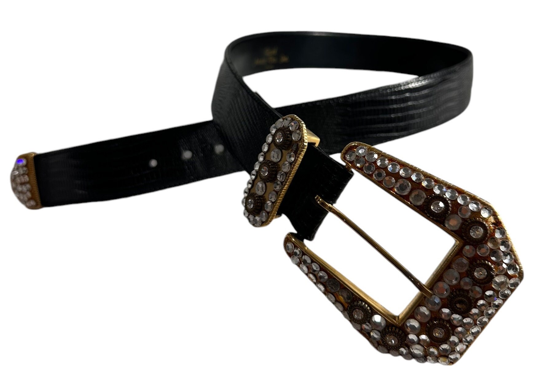 RAVID ARTISTIC DES Black Lizard Print Leather & Studded Crystals Women\'s Belt 28 Nocona Ladies Studded Lizard Belt, Small, Black at Amazon  main image 3