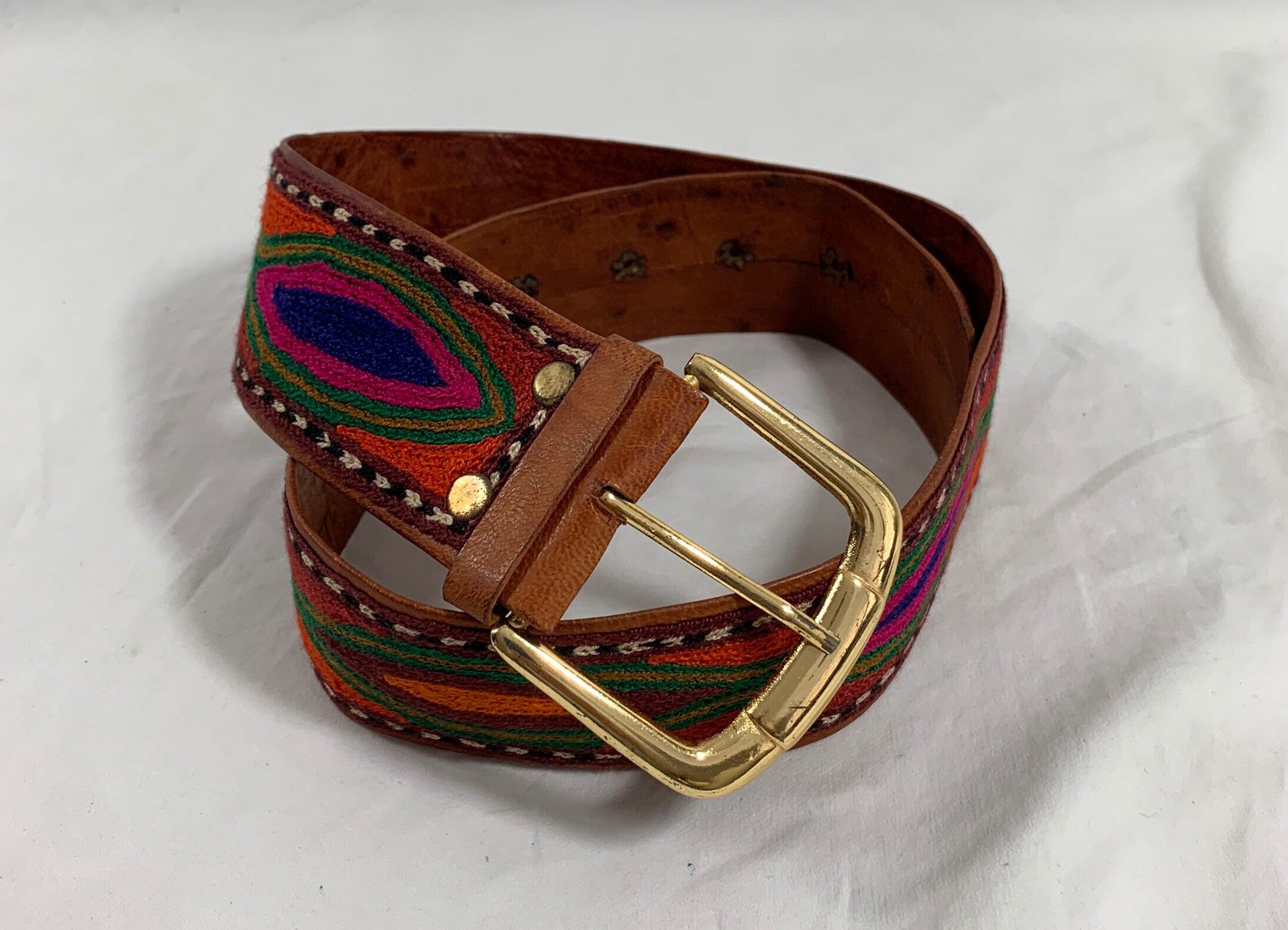 vintage handmade waxed leather and embroidered colorful belt small Vintage Handmade Waxed Leather and Embroidered Colorful Belt  main image 2