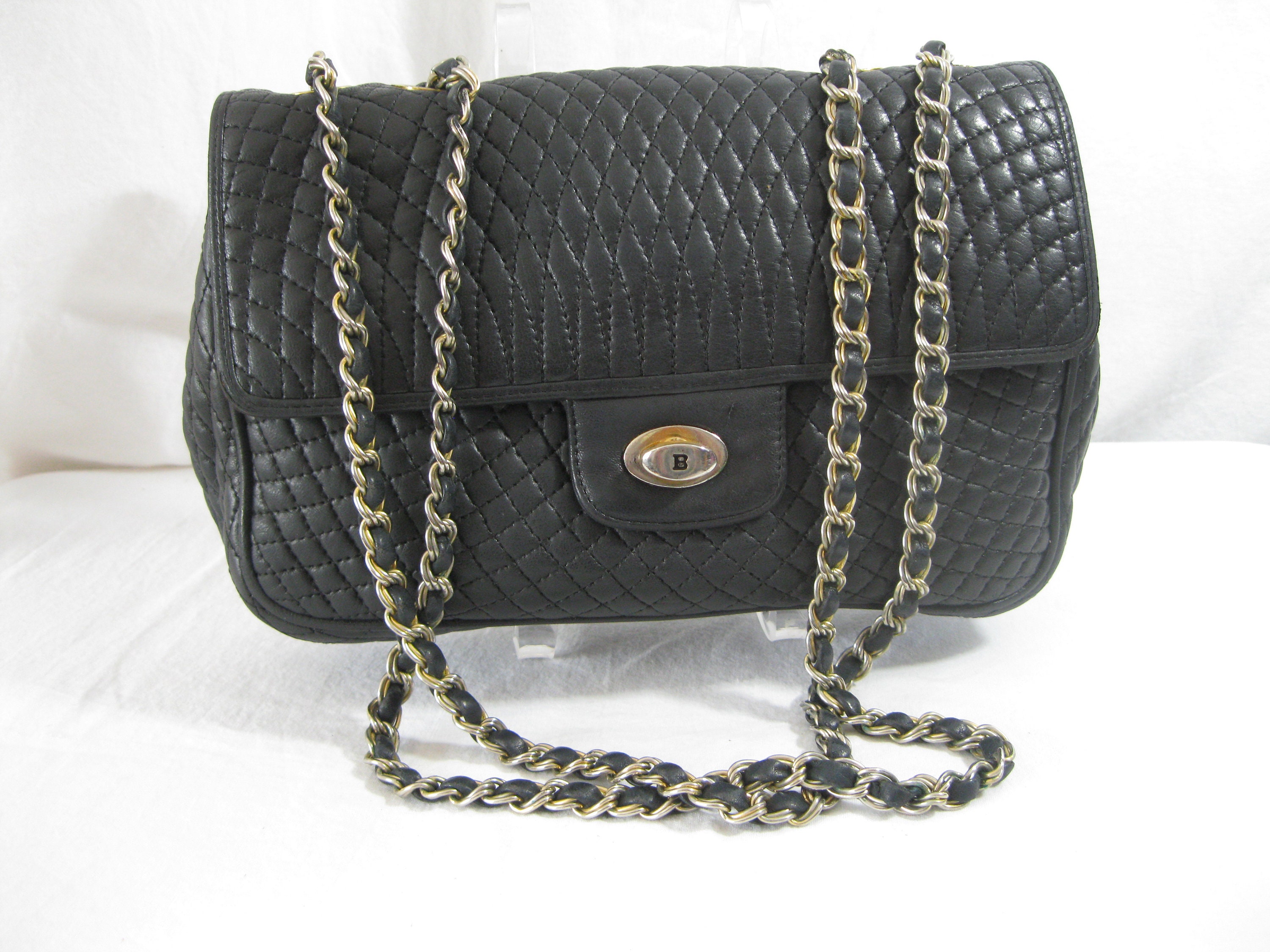 Genuine Vintage BALLY Black Quilted Leather Chain Link Shoulder