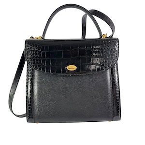 Vintage BALLY Schwarze Geprägte Kroko Leder Top Griff Umhängetasche Italien