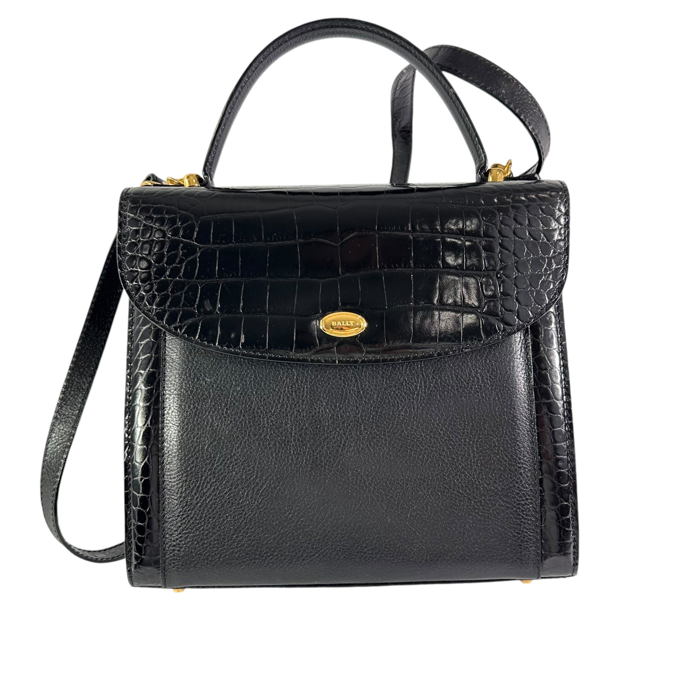 Vintage BALLY Black Embossed Croc Leather Top Handle Crossbody Bag
