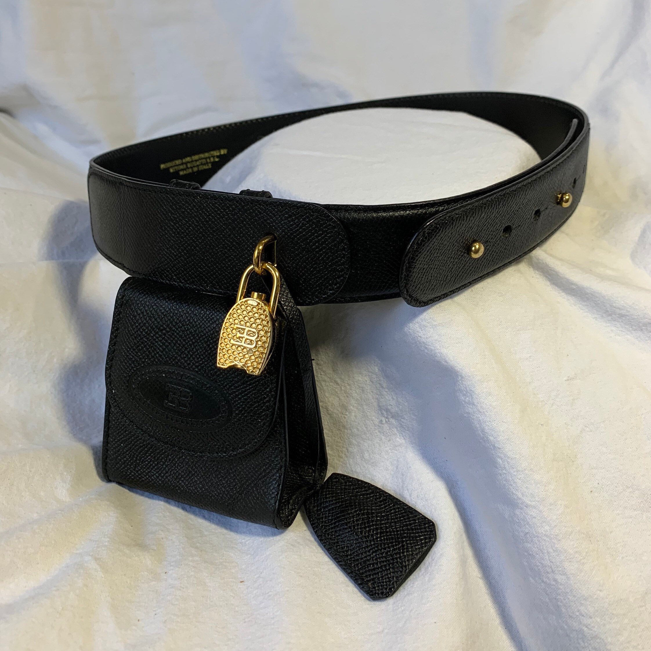 Genuine Vintage ETTORE BUGATTI Black Leather Belt With Pouch 