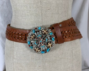 African turquoise leather belt by Leatherock Vintage LEATHEROCKS USA Jeweled Turquoise Woven Leather Belt  main image 3
