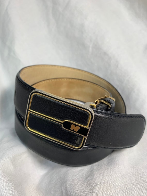 Vintage NINA RICCI black leather belt with logo m… - image 1
