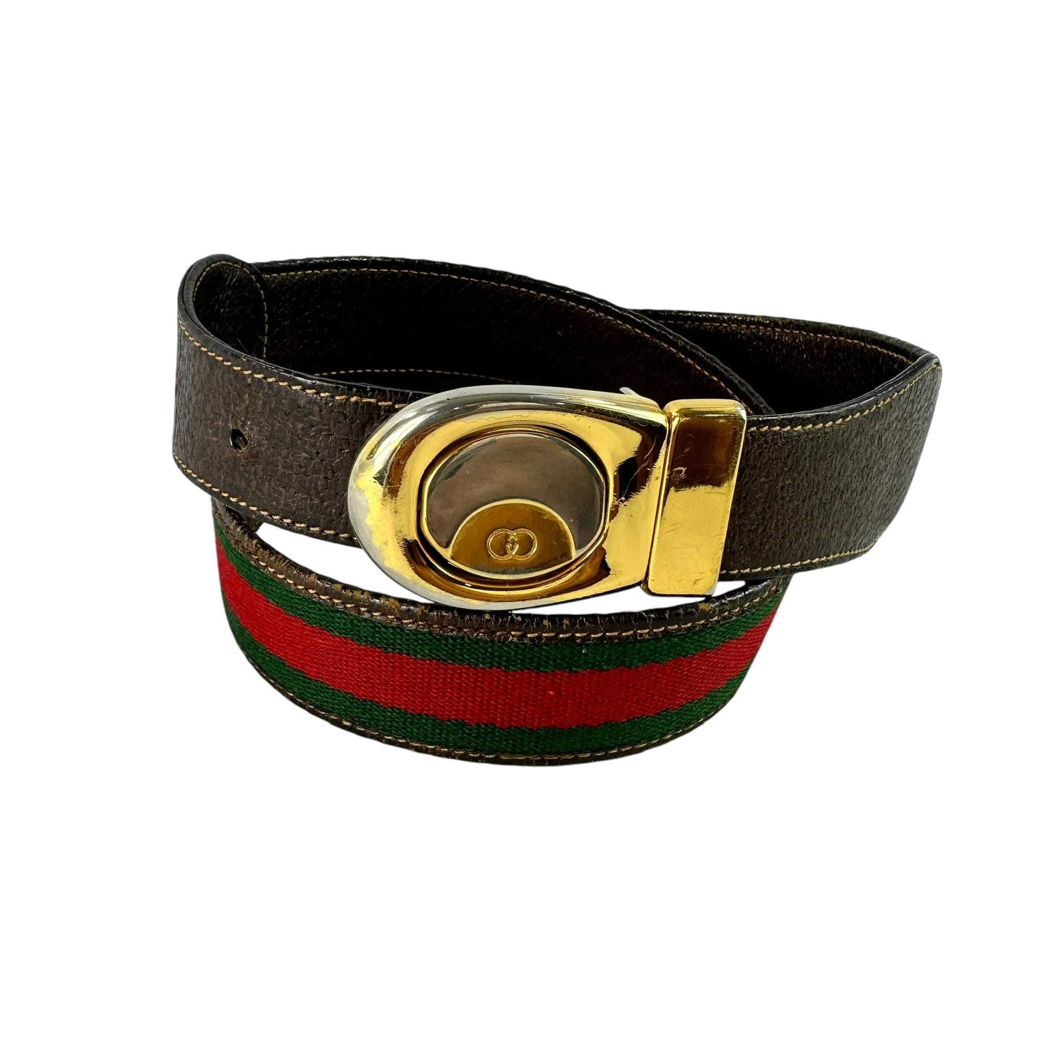Genuine Vintage GUCCI Reversible Red Green Stripes Brown Leather