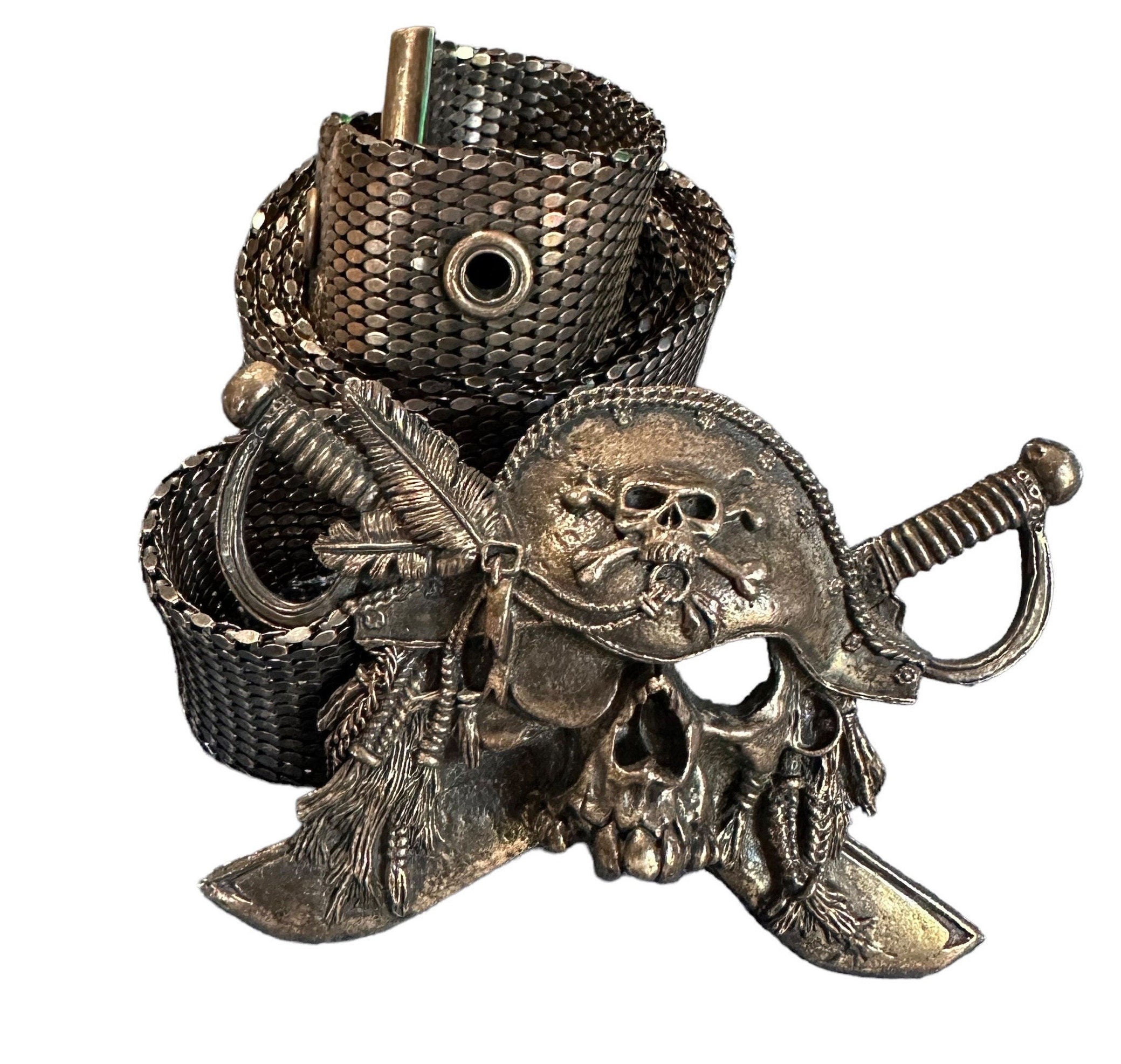 タグ付 Ugo Cacciatori リーフバックルベルト SILVER925 Genuine Vintage UGO CACCIATORI Sterling Skull Pirate Belt