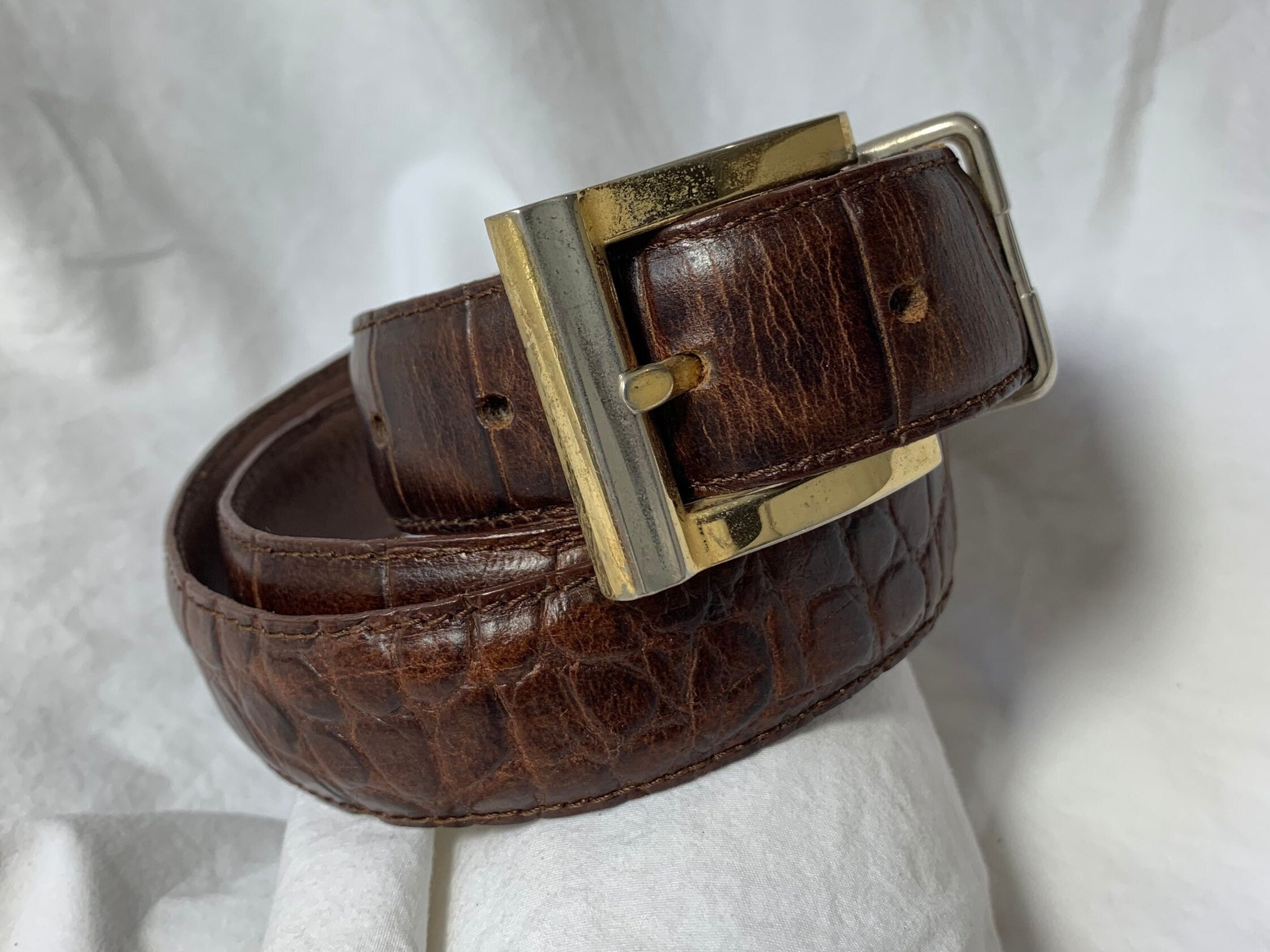Ceinture Vintage Valentino Soie Et Cuir Alligator Homme - Italie - Noir