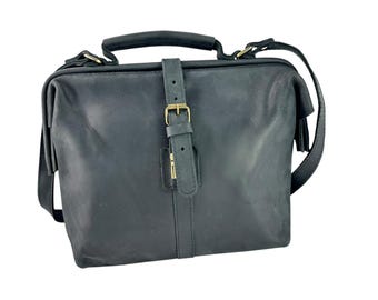 Echte vintage zwarte leren crossbodytas met handvat