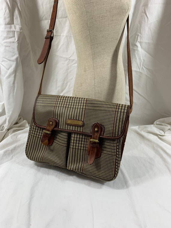 Vintage Polo Ralph Lauren Houndstooth Coated Canvas Leather Tote Bag Purse