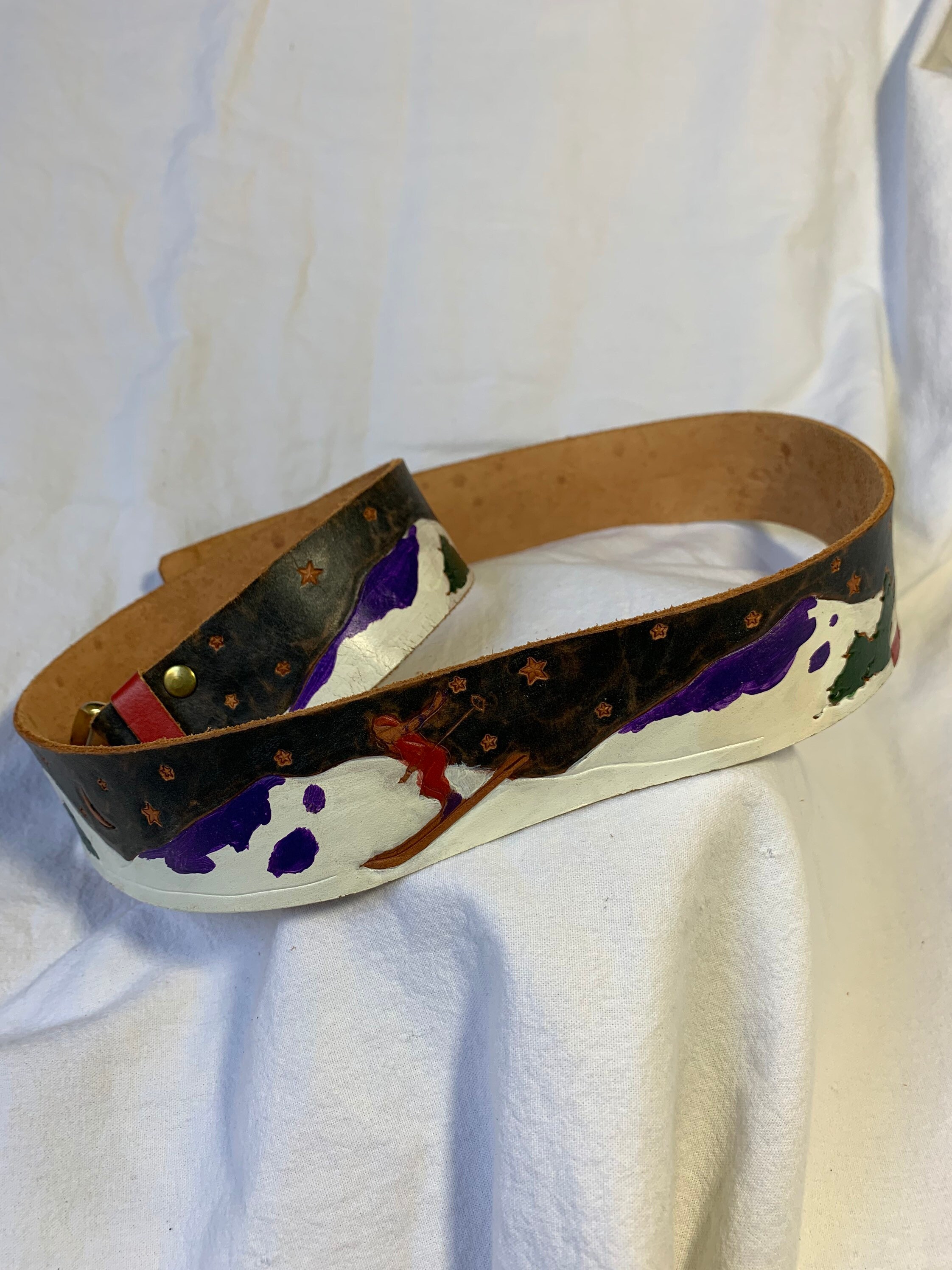 Vintage Hand Painted Diane Weiss NYC Ski Winter Leather Belt 