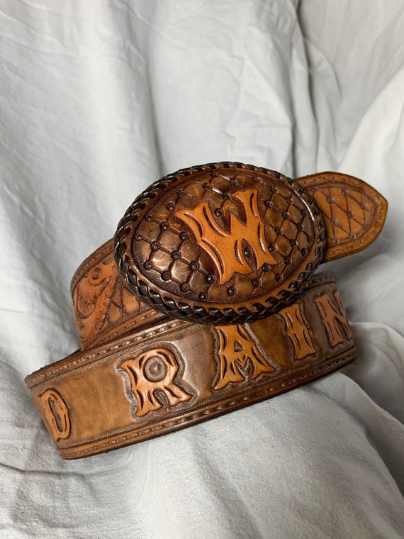 Vintage genuine hand tooled tan leather belt HARD 