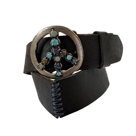 Genuine LUCKY Black Leather Peace Gemstone Buckle Women display picture 3