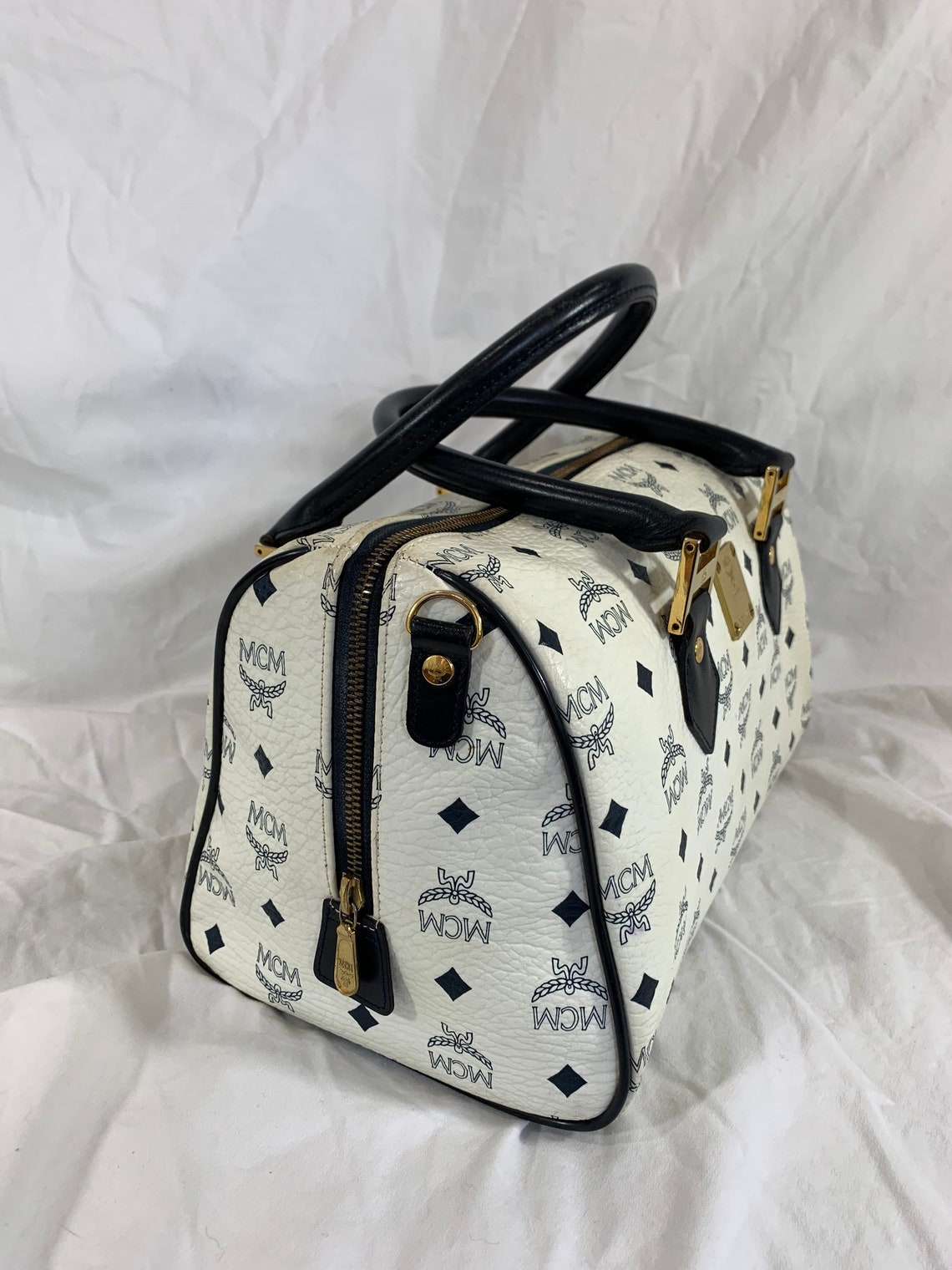 Genuine MCM Munchen Michael Cromer Visetos white navy handbag | Etsy