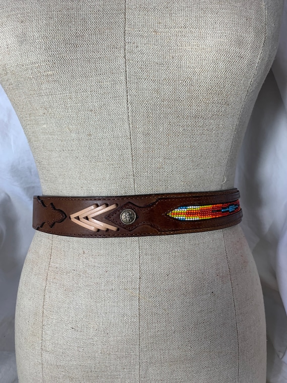 Vintage M & F Multi Color Beaded Brown Leather Belt Size 28  display picture 2
