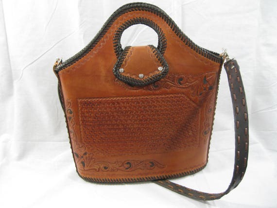 Vintage tan leather tooled stitched structured sh… - image 5