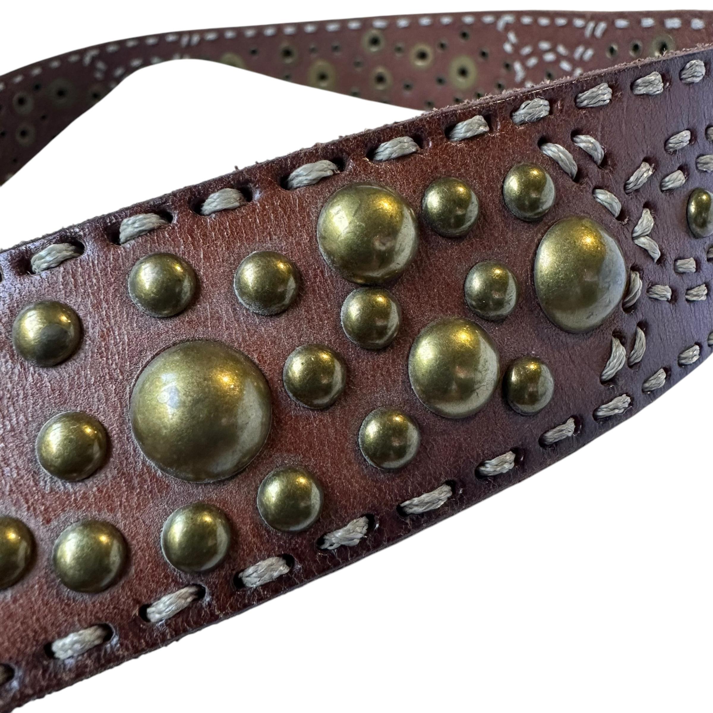 Vintage Genuine leather brass gold accents belt by Betsey Johnson brown Betsey Johnson Brown Leather Belt With Bead & Sequin Fish  main image 4