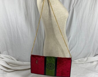 Nice genuine ROBERTA DI CAMERINO red green velvet chain clutch bag