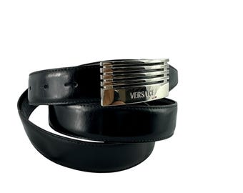 Rare Genuine VERSACE Logo Black Leather Belt Silver Buckle Size 44 Reversible