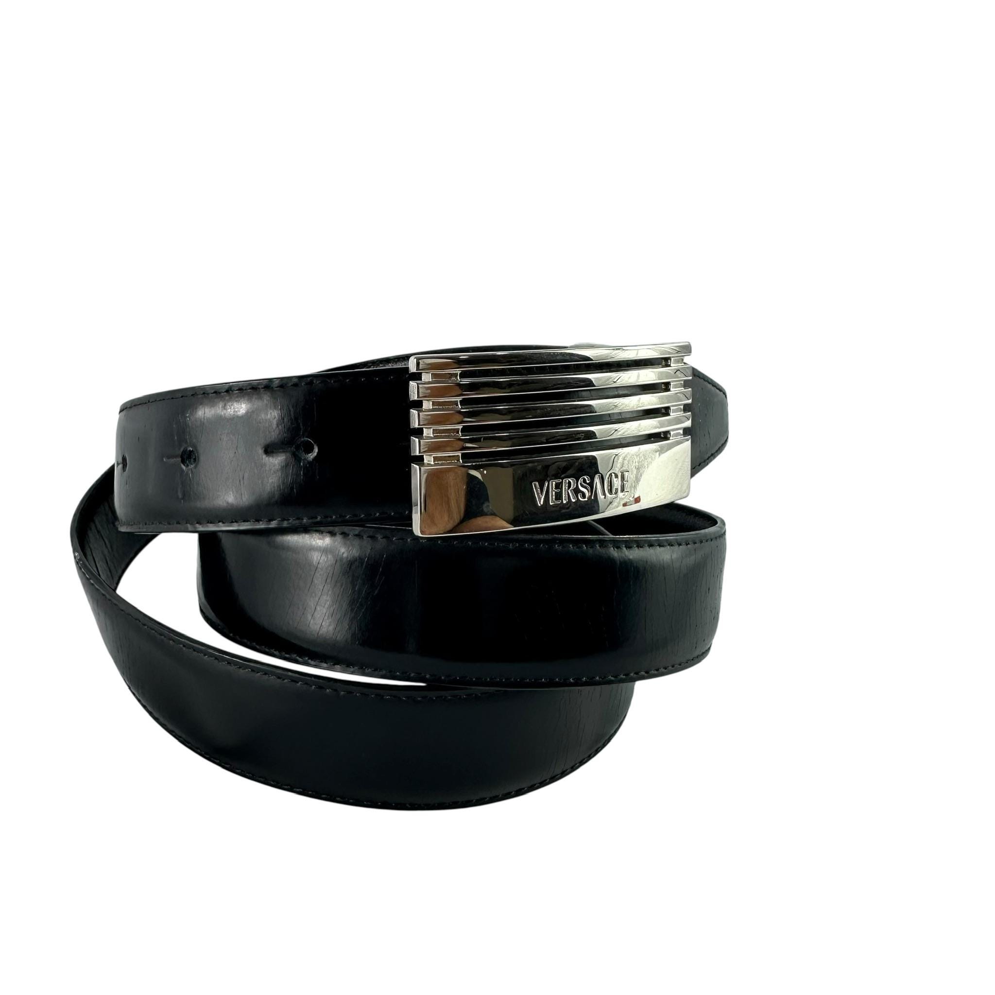 Rare Genuine VERSACE Logo Black Leather Belt Silver Buckle Size 44