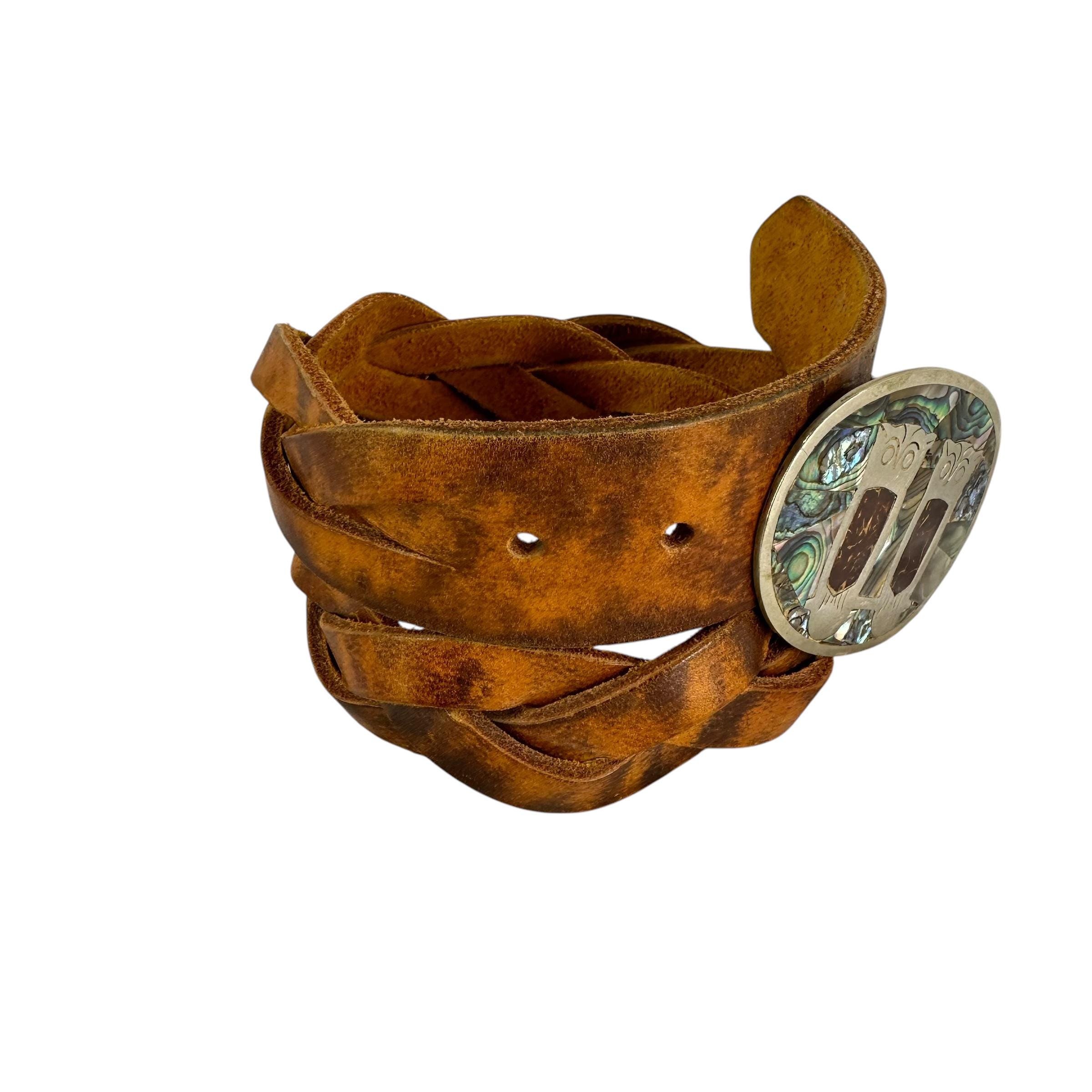 Vintage Brown Genuine Leather With Abalone Owl Inlay Buckle Braided Belt 32 Vintage Brown Genuine Leather With Abalone Owl Inlay Buckle  main image 3