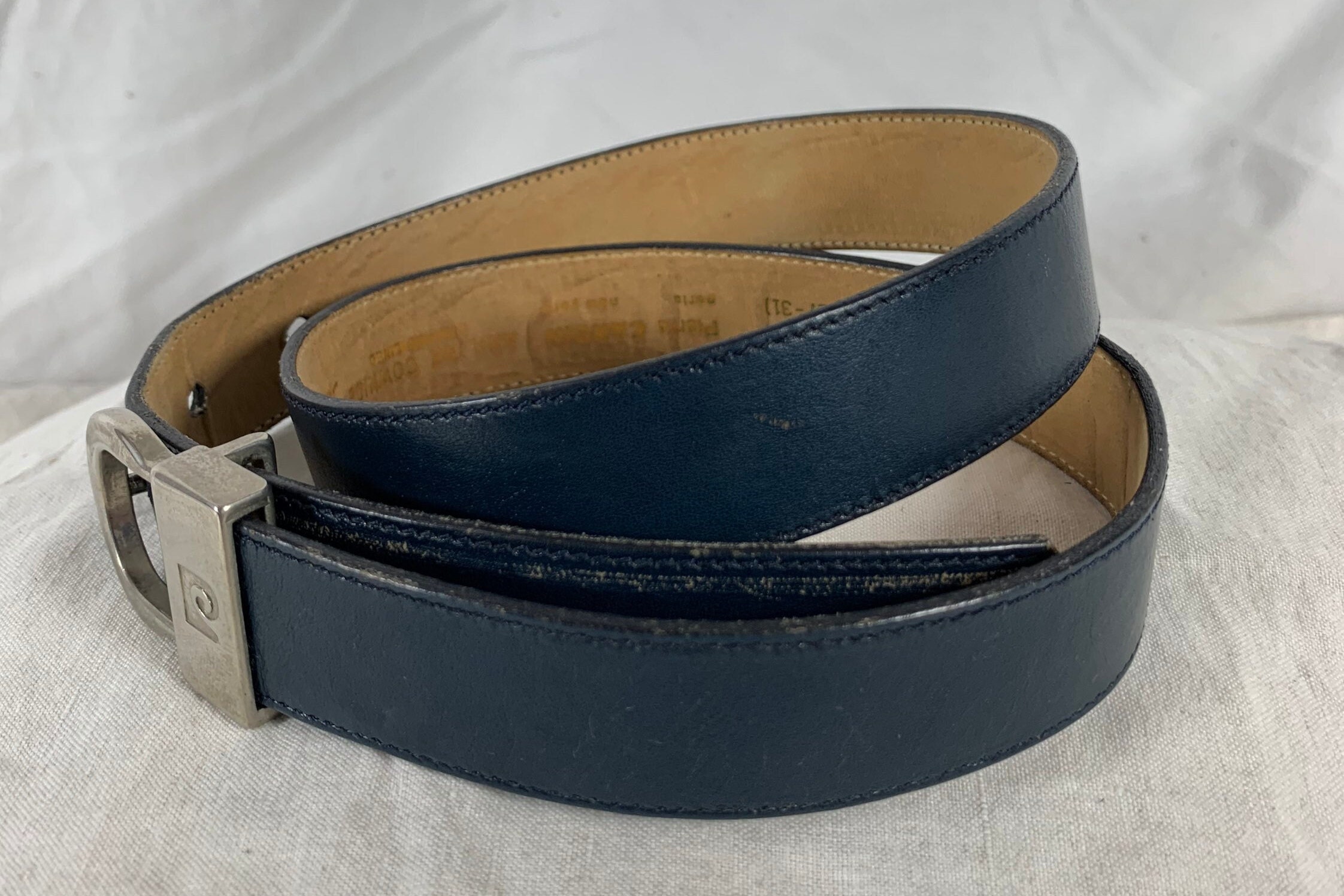 Vintage Pierre Cardin Navy Blue Leather Minimalist Belt Size M/L VINTAGE 80s 90s Blue PIERRE CARDIN Skinny Leather Belt Gold  main image 2