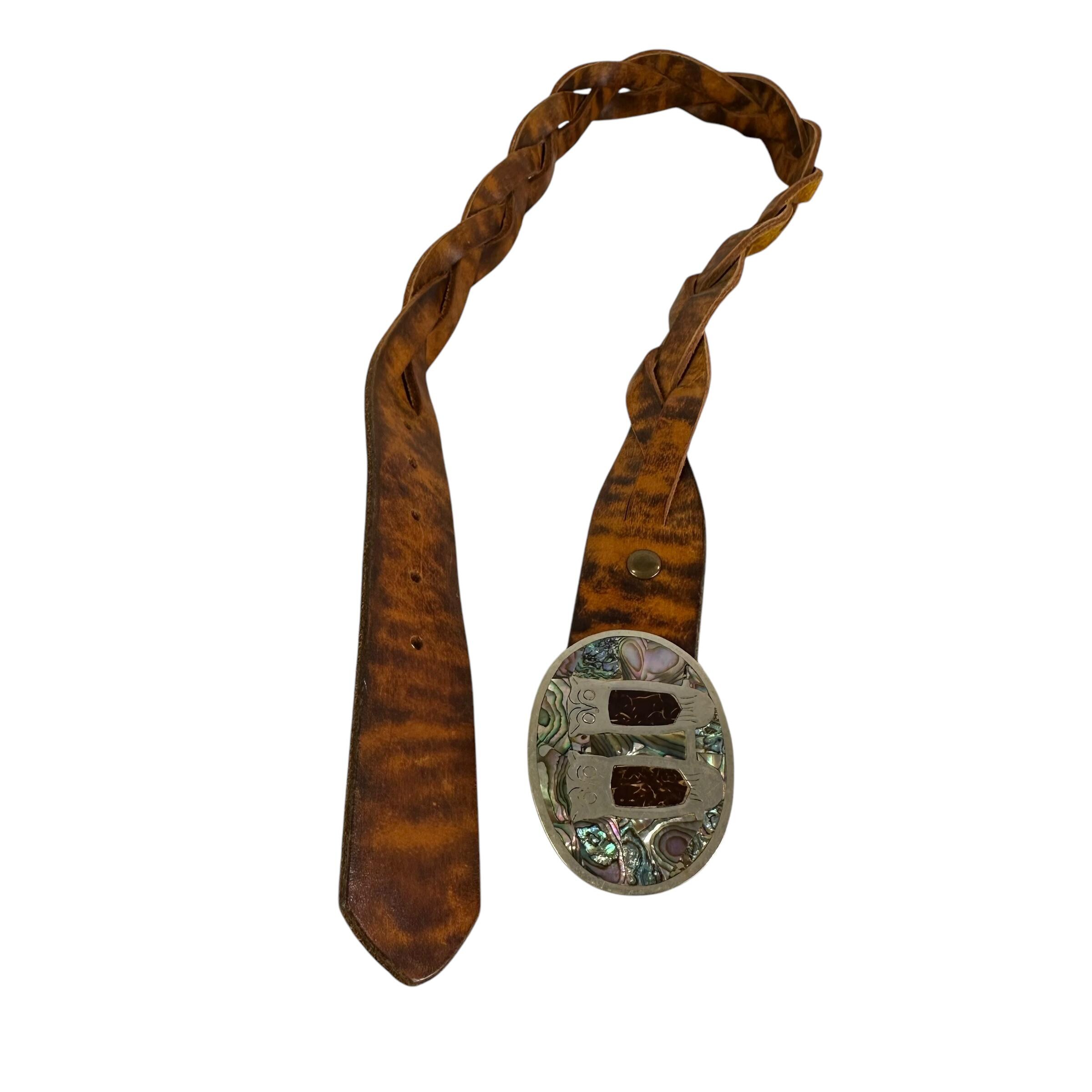 Vintage Brown Genuine Leather With Abalone Owl Inlay Buckle Braided Belt 32 Vintage Brown Genuine Leather With Abalone Owl Inlay Buckle  main image 4