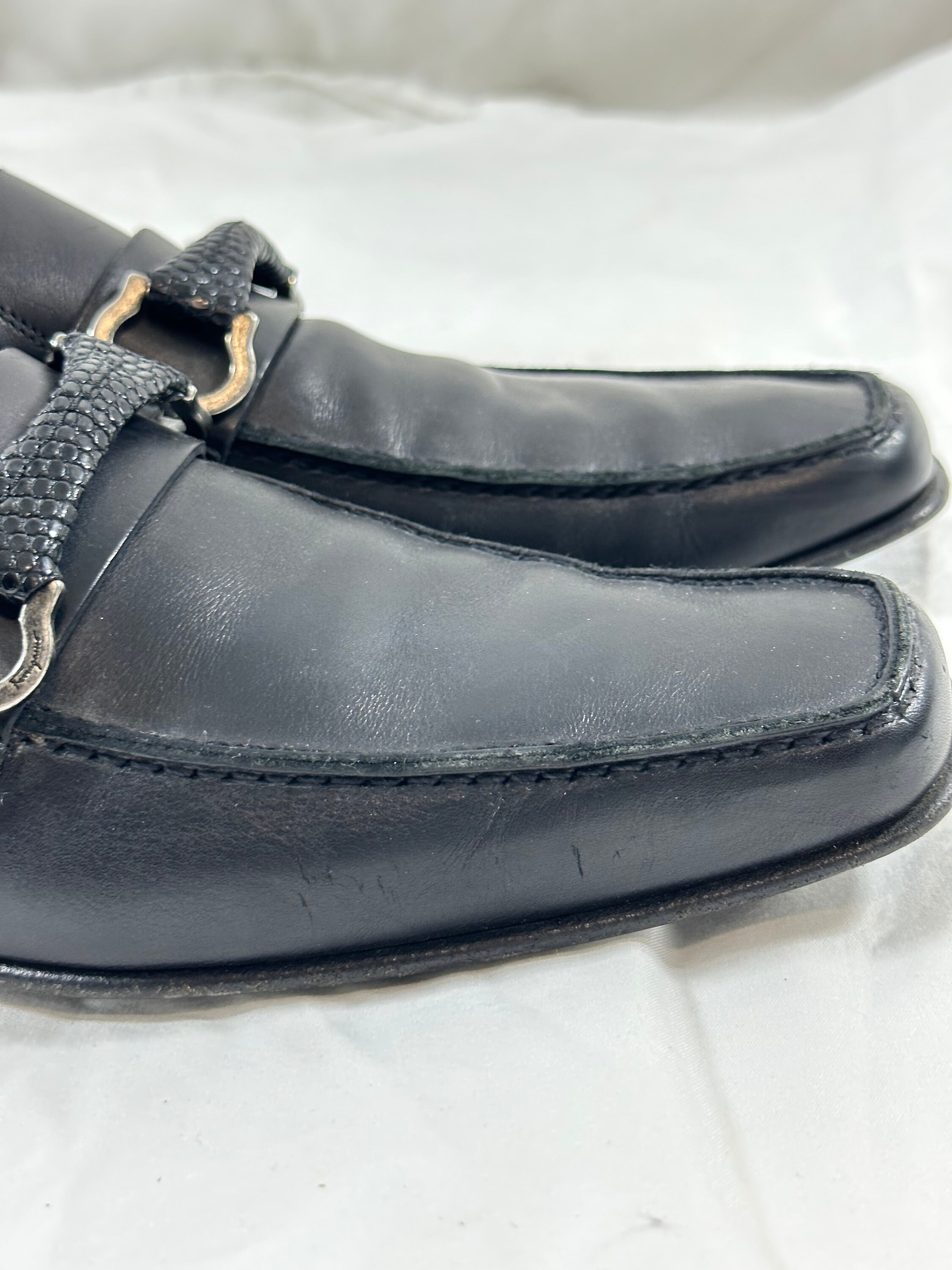 Retro men SALVATORE FERRAGAMO Gancio black leather loafers lizard trim shoes 8 D IMG_7605.jpg?v=1751036638&  main image 4