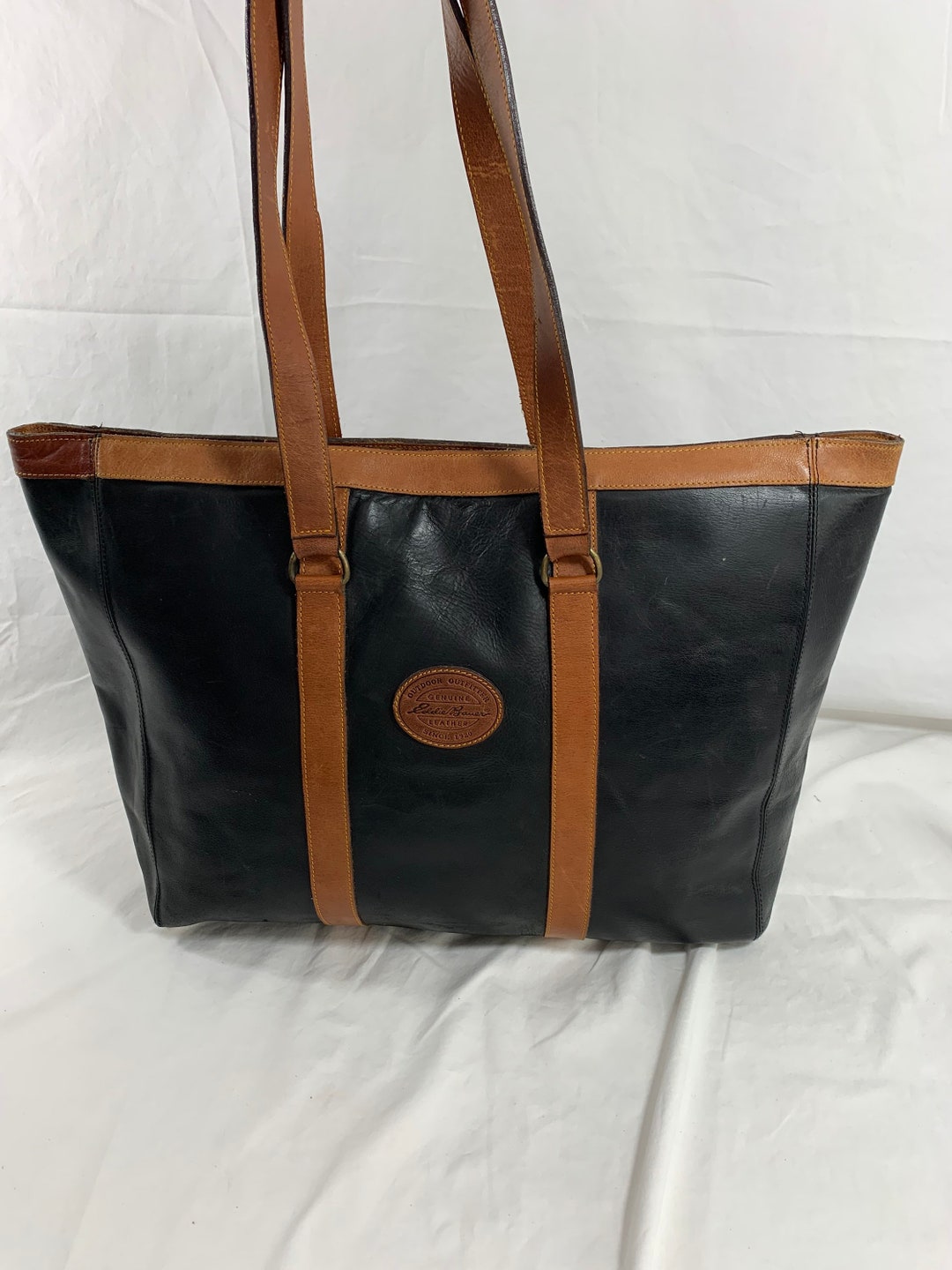Genuine Vintage EDDIE BAUER Black Leather Tote Bag Shopper Carry