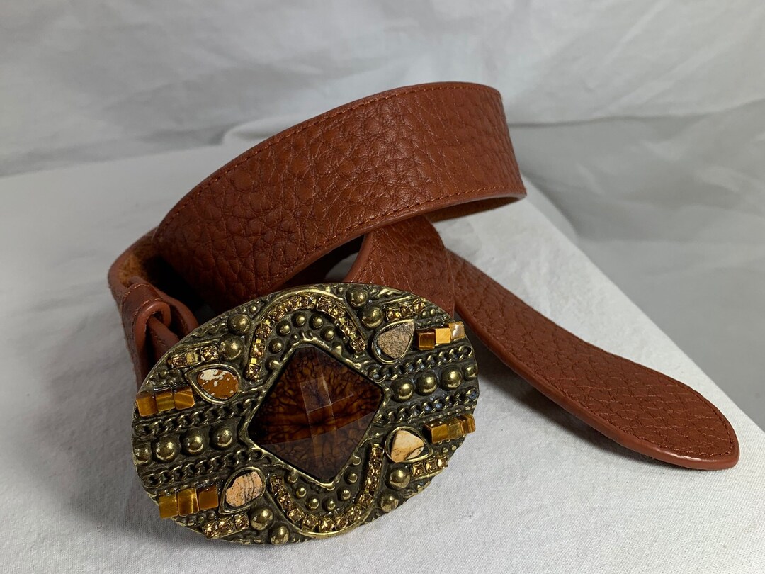 Vintage Ladies LEATHEROCKS USA Jeweled Tan Leather Belt  display picture 3