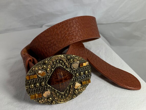 Vintage Ladies LEATHEROCKS USA Jeweled Tan Leather Belt  display picture 2
