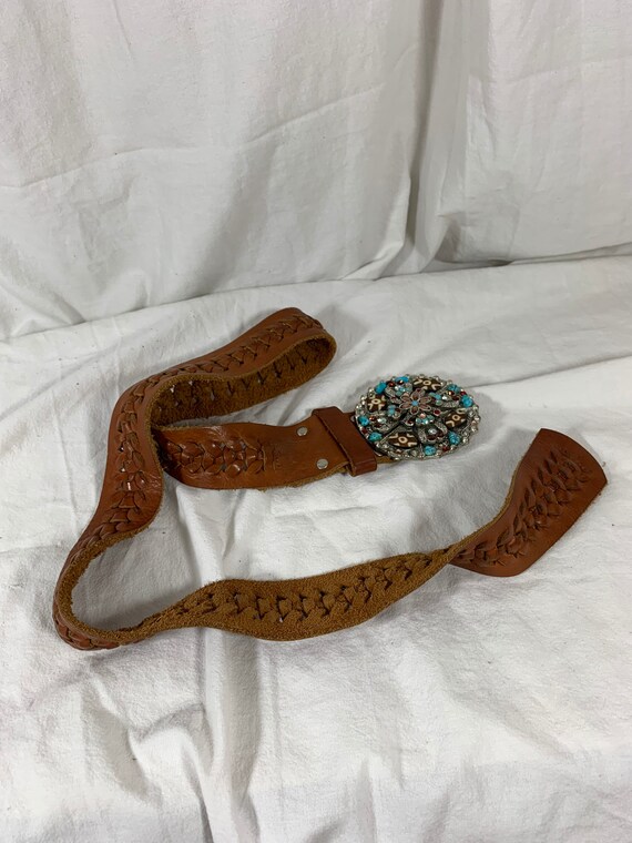 Buy Vintage LEATHEROCKS USA Jeweled Turquoise Woven Leather  display picture 2
