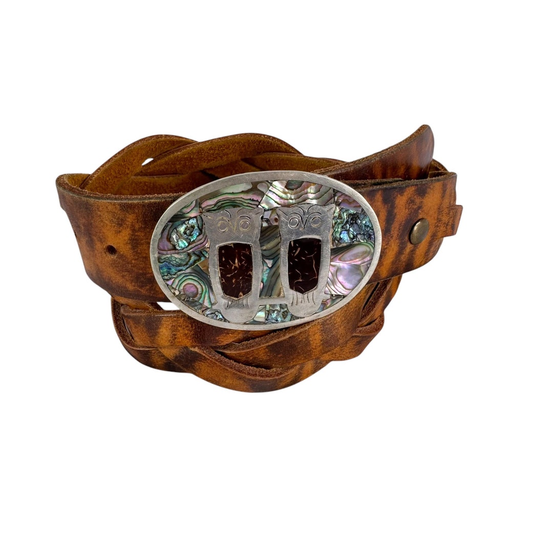 Vintage Brown Genuine Leather With Abalone Owl Inlay Buckle  display picture 2