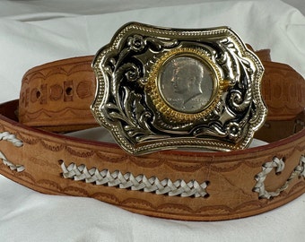 Vintage Kennedy half dollar buckle tan leather belt stitched scorpions size 44