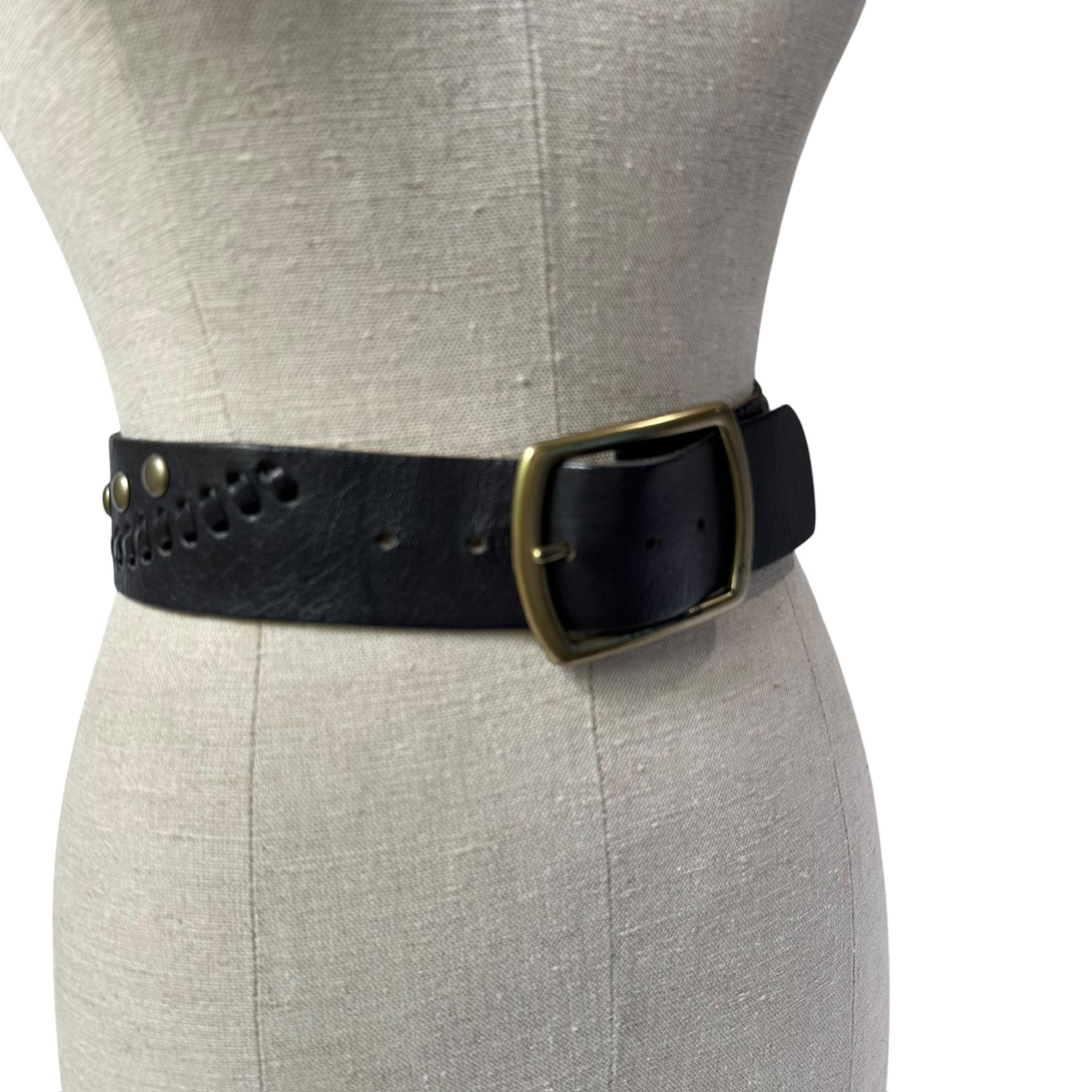 Genuine LINEA PELLE Black Leather Belt With Perforated 