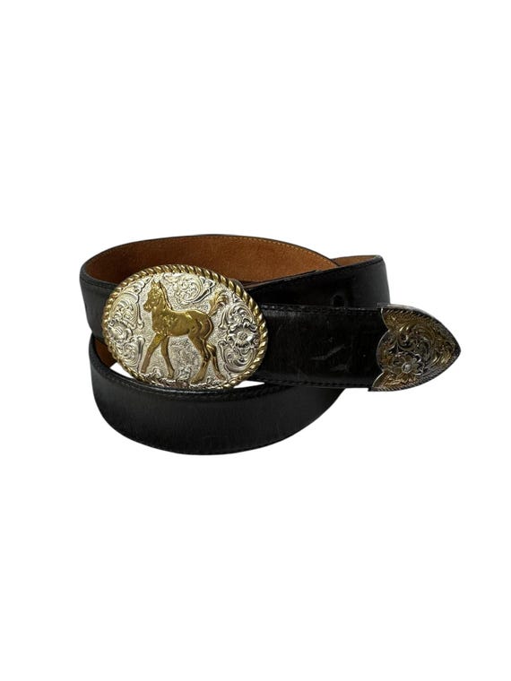 Vintage TONY LAMA Black Leather Belt With Horse Buckle Two  display picture 2