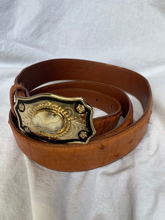Vintage Western Gold Tone Buckle With Stone Ostrich Belt Size 38 