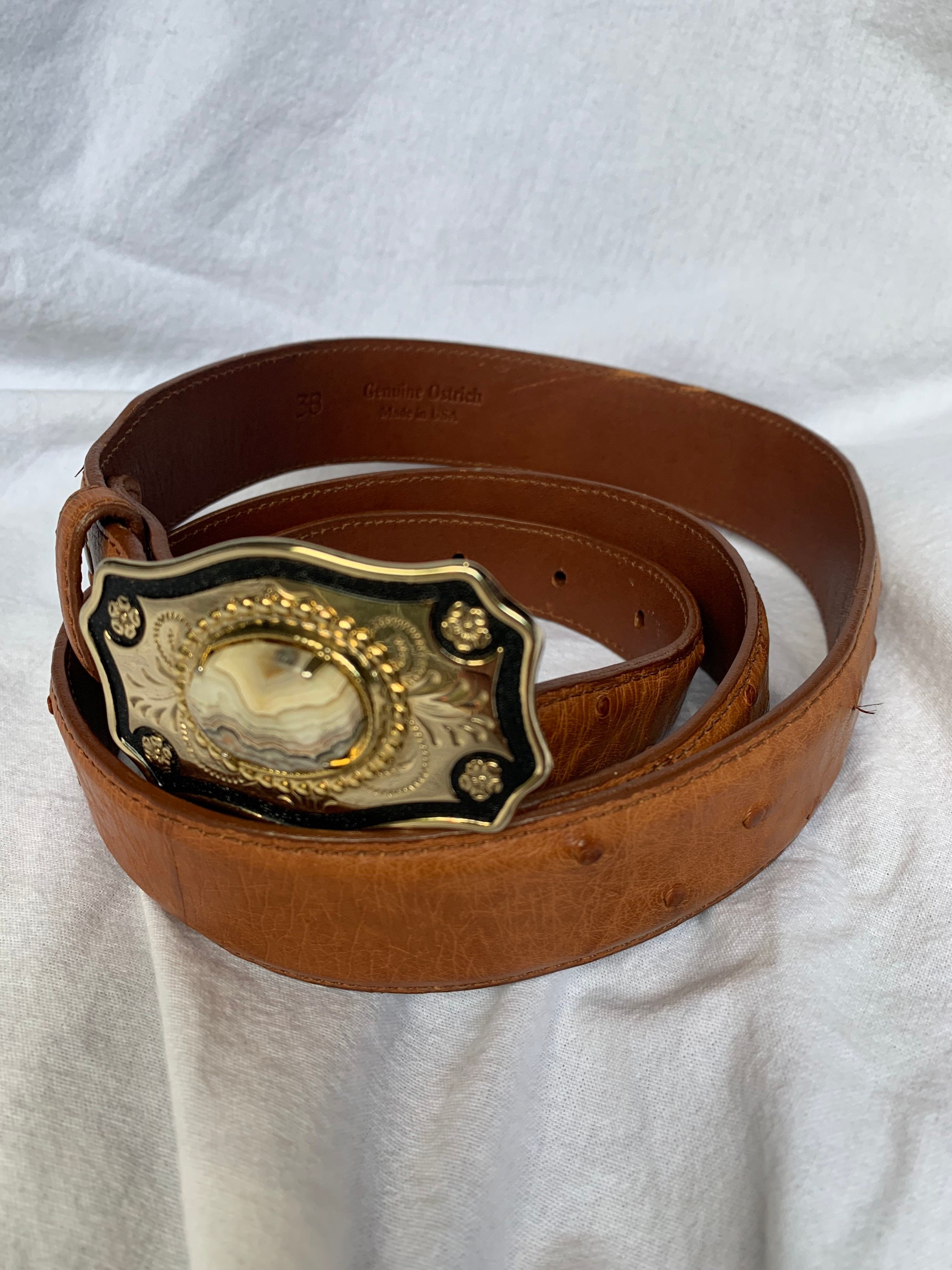 Vintage Western Gold Tone Buckle With Stone Ostrich Belt  display picture 1