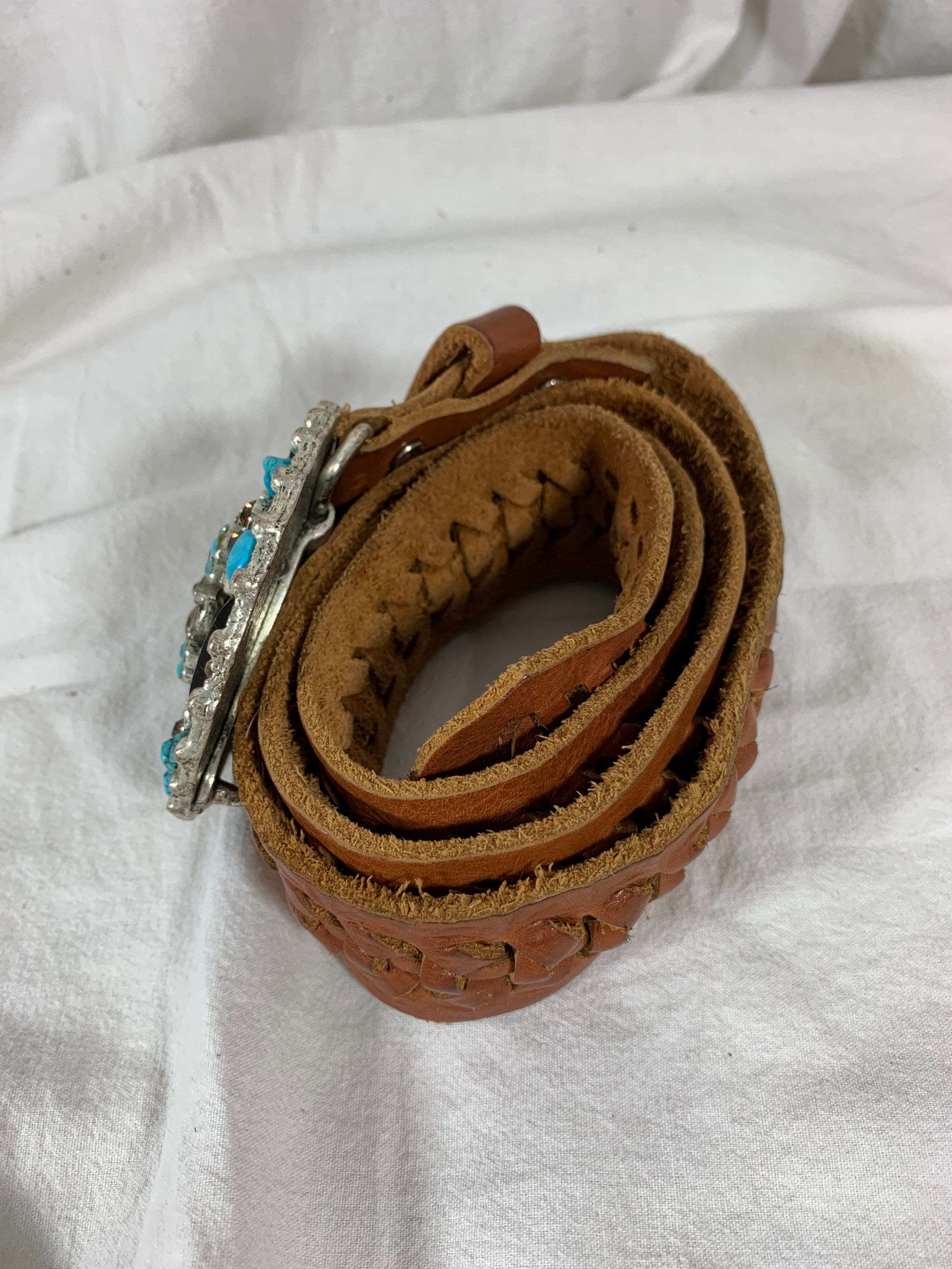 Vintage LEATHEROCKS USA Jeweled Turquoise Woven Leather Belt  display picture 2