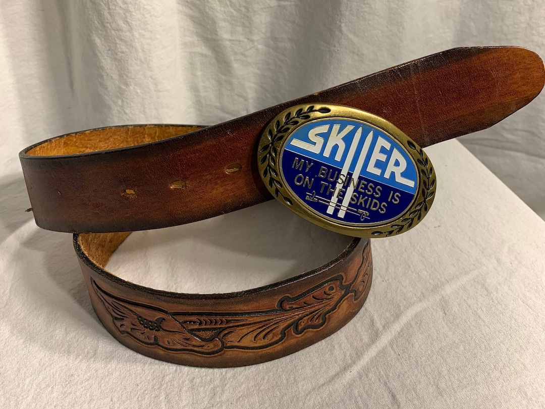 Vintage Tooled Leather Belt Brown Solid Brass Palm Tree Island Buckle Size 36 Men main image 4