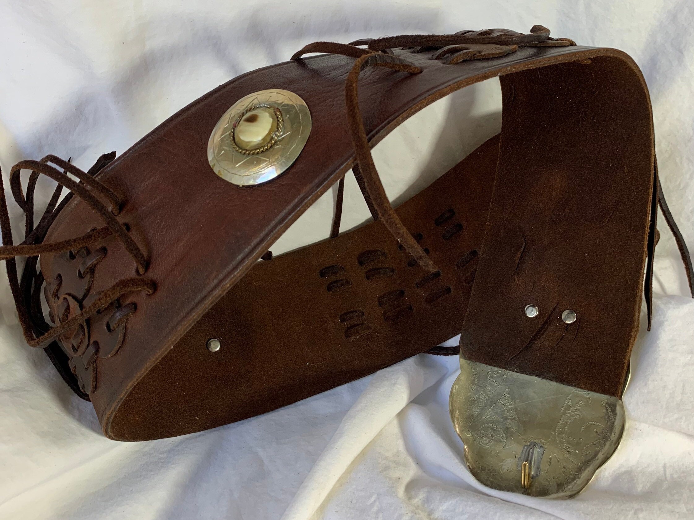 Vintage Moroccan Brown Wide Leather Belt With Stones Fringes  display picture 3