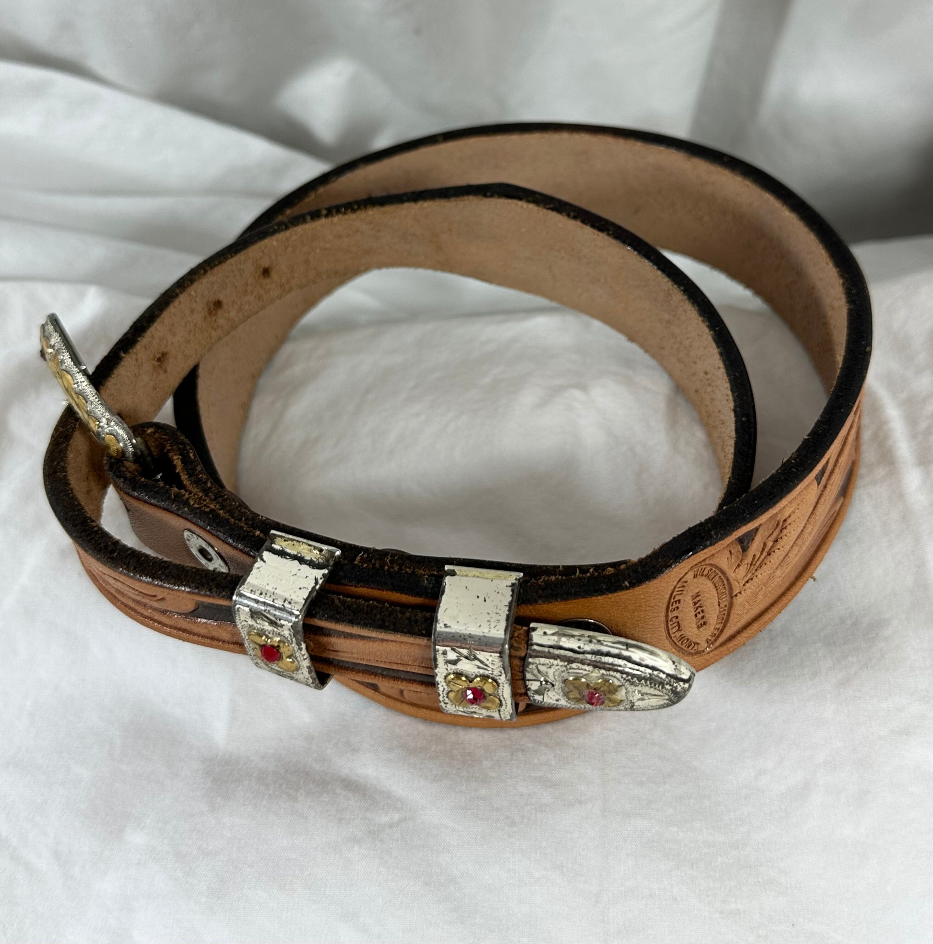 Vintage 1980\'s HandTooled Leather Belt with Stone and bead compliments S 4 Vintage RICARDO 4 Piece Sterling Tan Western Tooled Leather  main image 3