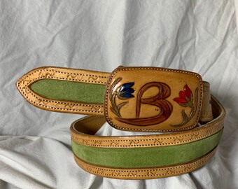 Vintage Genuine Leather Tooled Belt With Flowers Colorful  display picture 3