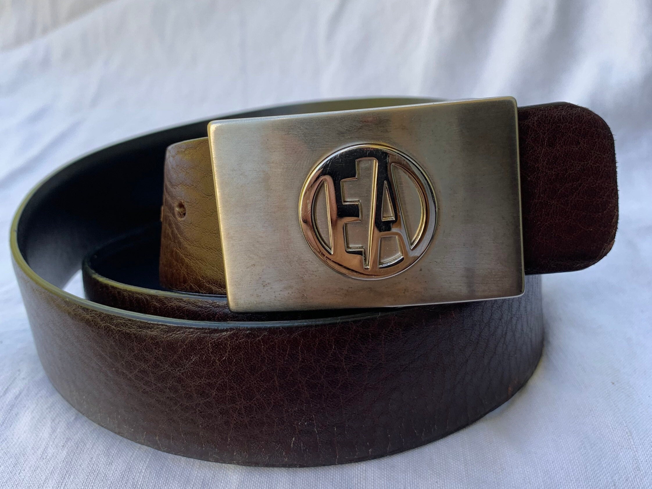 Genuine Vintage EMPORIO ARMANI Logo Brown Black Leather Belt