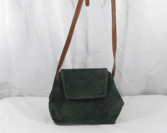Vintage LANCEL Paris green suede and leather shoulder bag signature logo crossbody