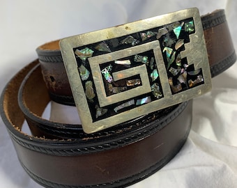 Vintage 1970s Zuni Tooled Leather Ranger Belt With Inlay  display picture 2