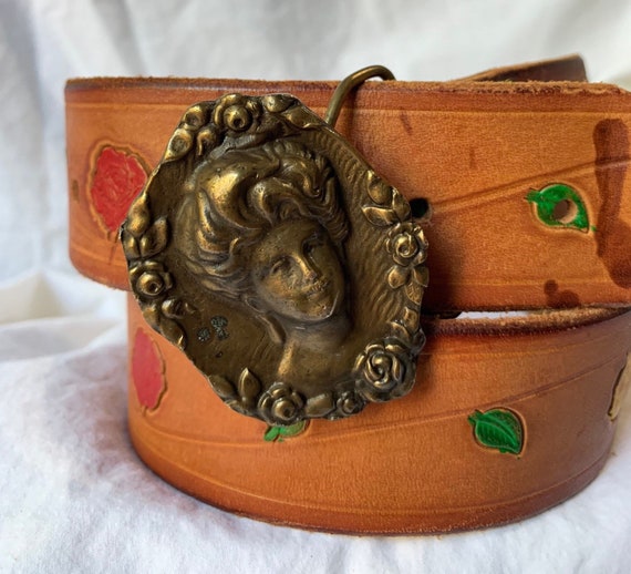 Vintage Bergamot Brass Works Buckle Lady Face Tan Leather  display picture 3