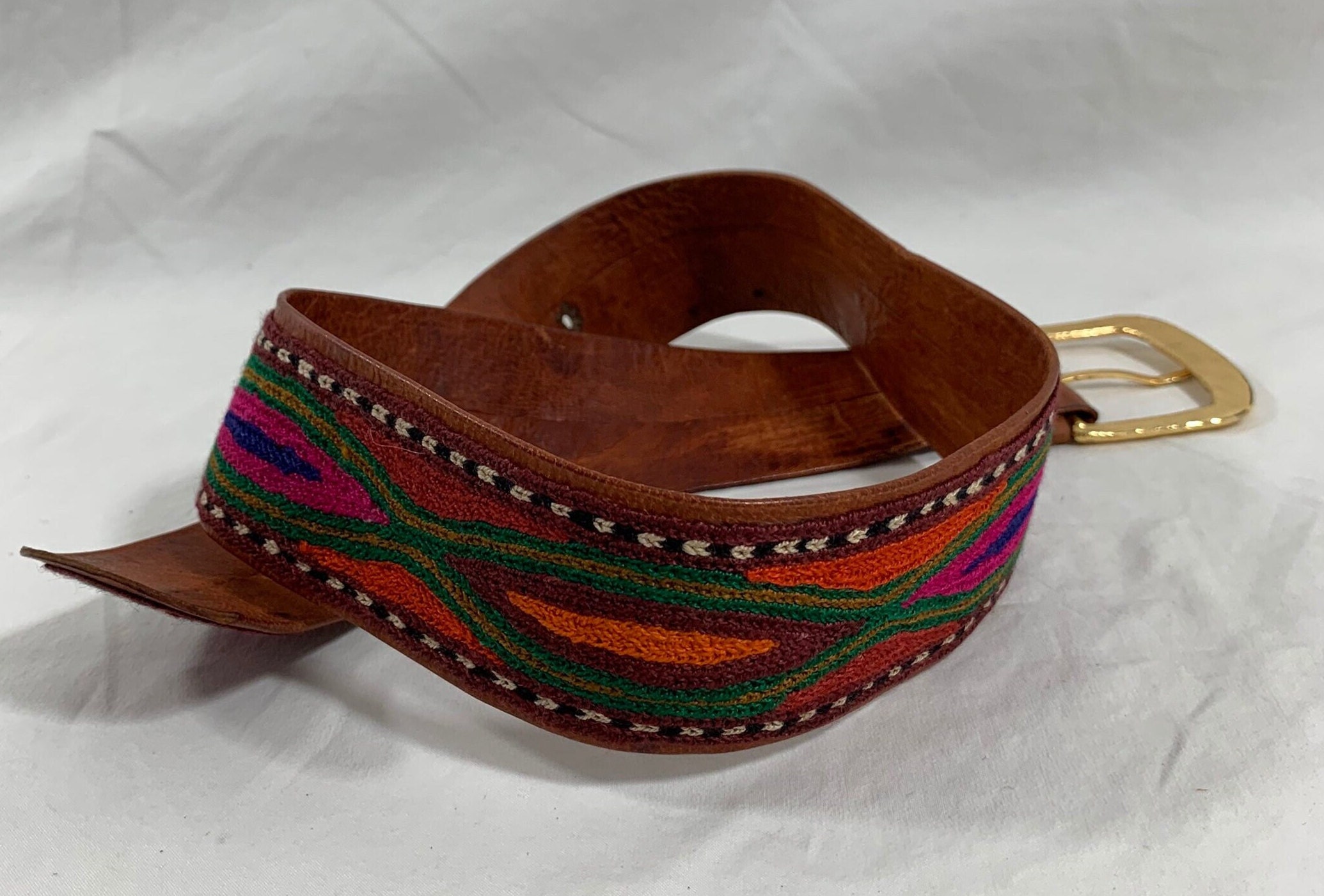 Vintage Handmade Waxed Leather and Embroidered Colorful Belt 