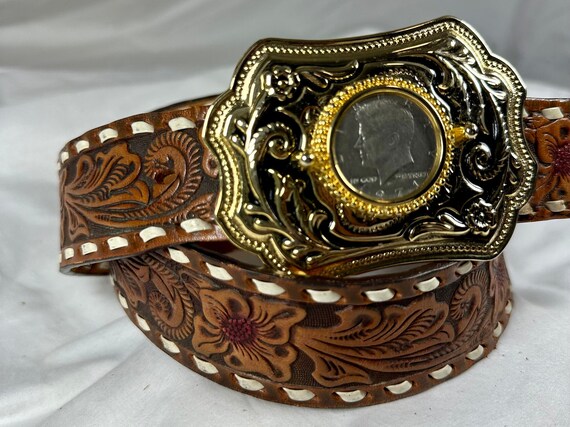 Vintage Kennedy Half Dollar Buckle Tan Wrangler Leather Belt  display picture 3