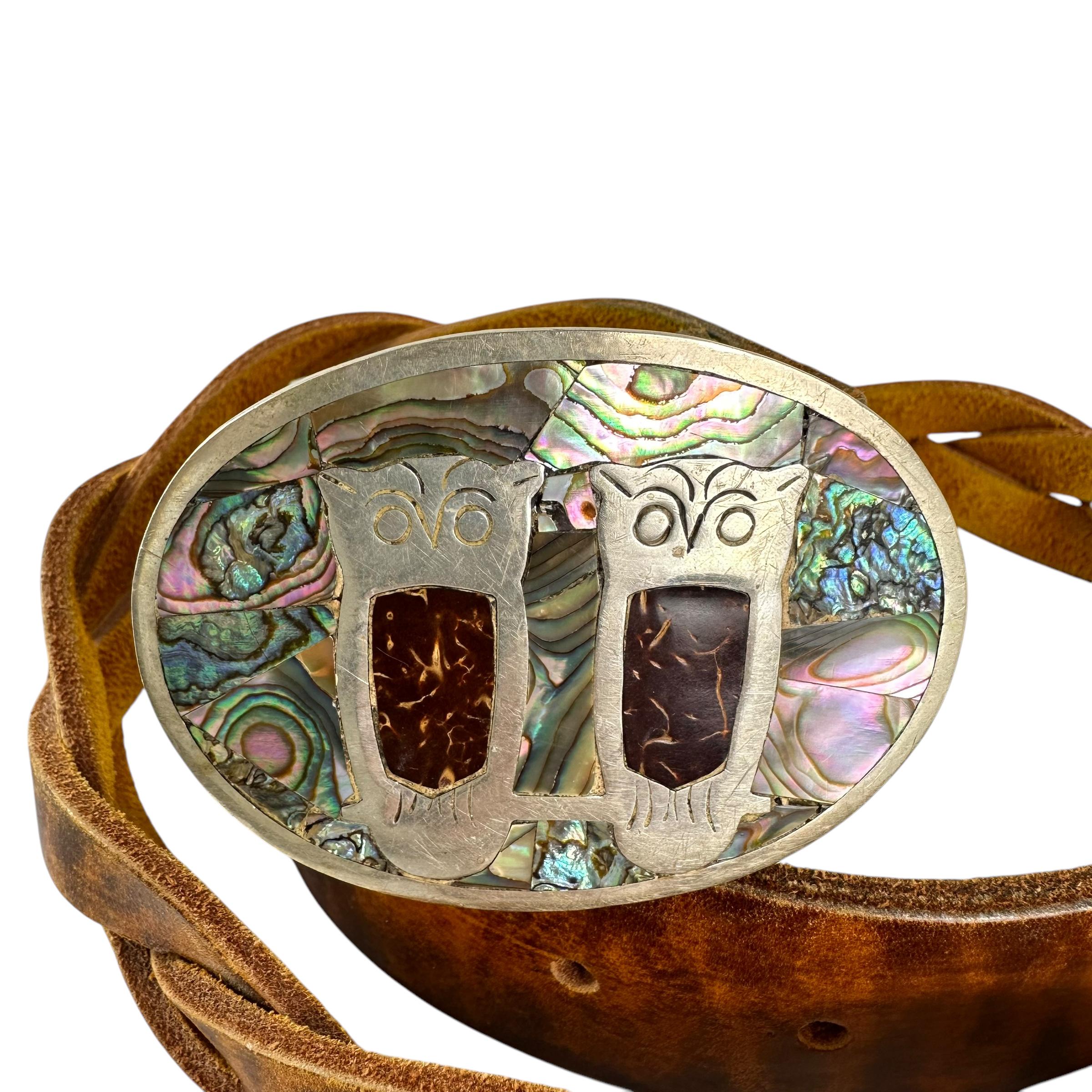 Vintage Brown Genuine Leather With Abalone Owl Inlay Buckle  display picture 1