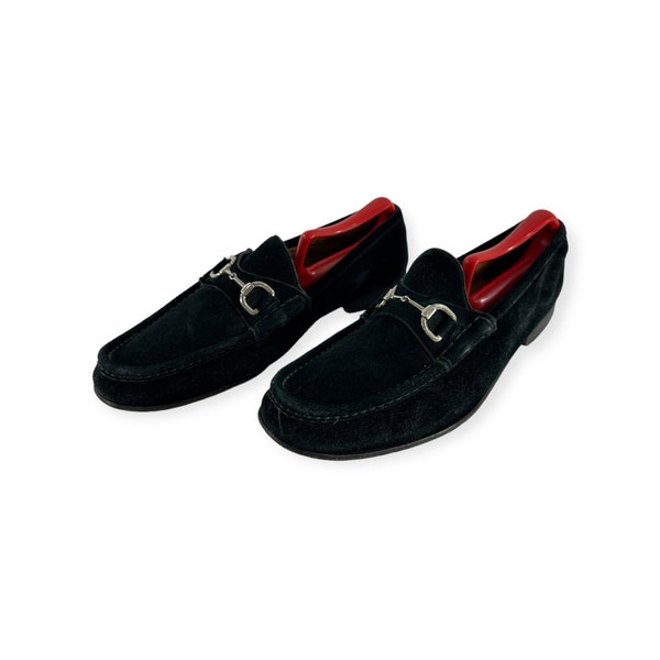 Men genuine GUCCI black suede leather horse bit loafers shoes 7.5 8 US